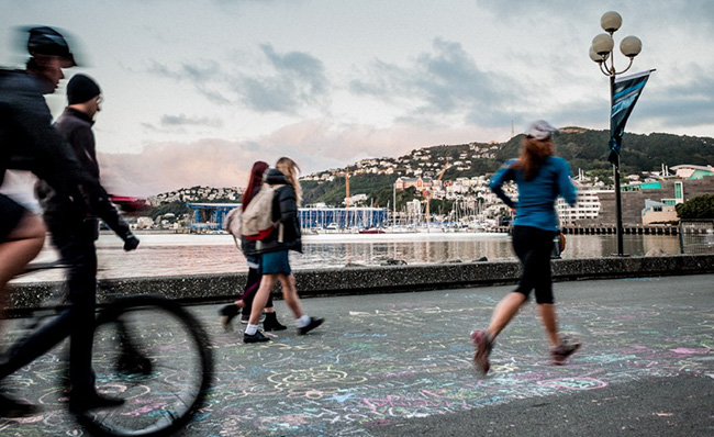 Walkers, cyclists and runners on the Wellington waterfront.