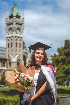 Rebecca Duncan in regalia outside Otago Clocktower 1x