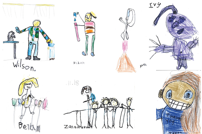 Seven drawings by primary school children of scientists.