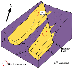 Sketch block diagram of the modified river drainage pattern after diversion of some of the rivers as the northeast trending folds become tighter and extended farther northeast. Uplift in the basins forces rivers to divert through gorges in adjacent basement ridges.