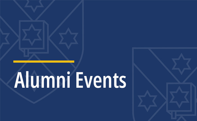 Alumni events text on blue background 