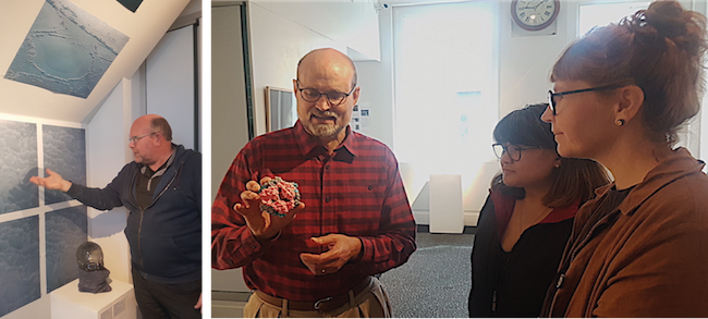 Left: Craig Marshall describes how ice is formed standing next to “Dirty Ice”. Right: Sigurd Wilbanks (left) shows a model of phycoerythrin to Pauline Uyseco (middle) and Georgina Young (right).