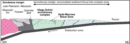 Sketch cross section through the 200 million year old accretionary complex that became the Otago Schist (centre, green) and Canterbury greywacke (right, blue). The largest gold deposit in Otago, at Macraes, formed in a large regional scale structure, the Hyde-Macraes Shear Zone. 