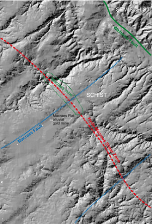 Topographic image of the flat and weakly dissected Waipounamu Erosion Surface in the vicinity of the Macraes gold mine on the gold-bearing Hyde-Macraes Shear Zone. Scattered remnants of Eocene quartz sediments occur on the flat surface. Minor recent reversal of northeast trending Cretaceous normal faults (blue) has offset the erosion surface on the 10-100 m scale locally, forming shallow sedimentary basins, including Macraes Flat, an alluvial gold mine before the basement gold mine was developed. The erosion surface dips shallowly to the northeast where it has been upthrown by the Waihemo Fault, and the fault scarp is deeply dissected (top right).