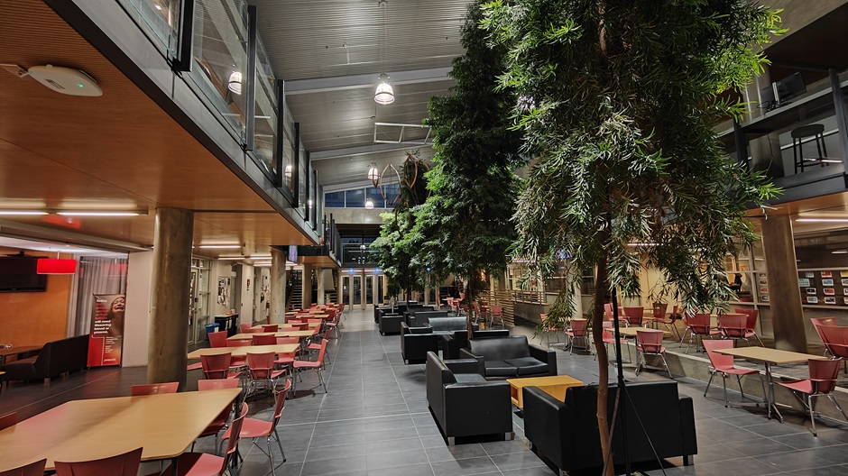 View of Hunter Centre atrium showing tables, chairs and sofas