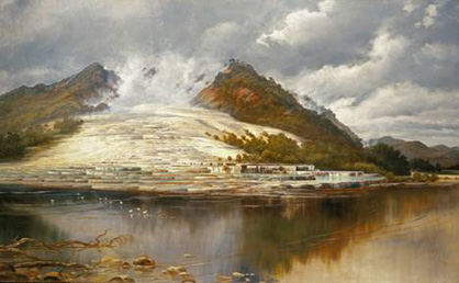Artist depiction of the famous White Terrace of Rotomahana as it appeared before the eruption in 1886.
