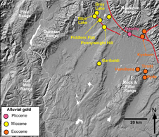 Map of Central Otago, with the principal faults (red) on the northeastern margin. Yellow localities are historic alluvial gold mines in quartz gravel deposits. The Kyeburn deposits are Eocene (~40 million years old) and the others are Miocene (~20 million years old).