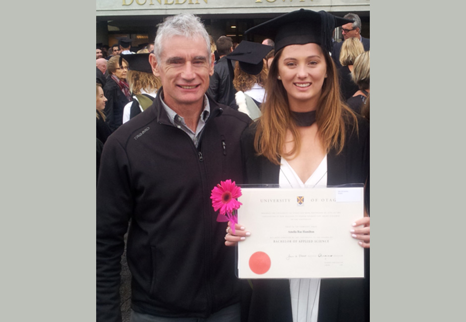 David with his daughter Amelia Hamilton at her 2016 Otago graduation