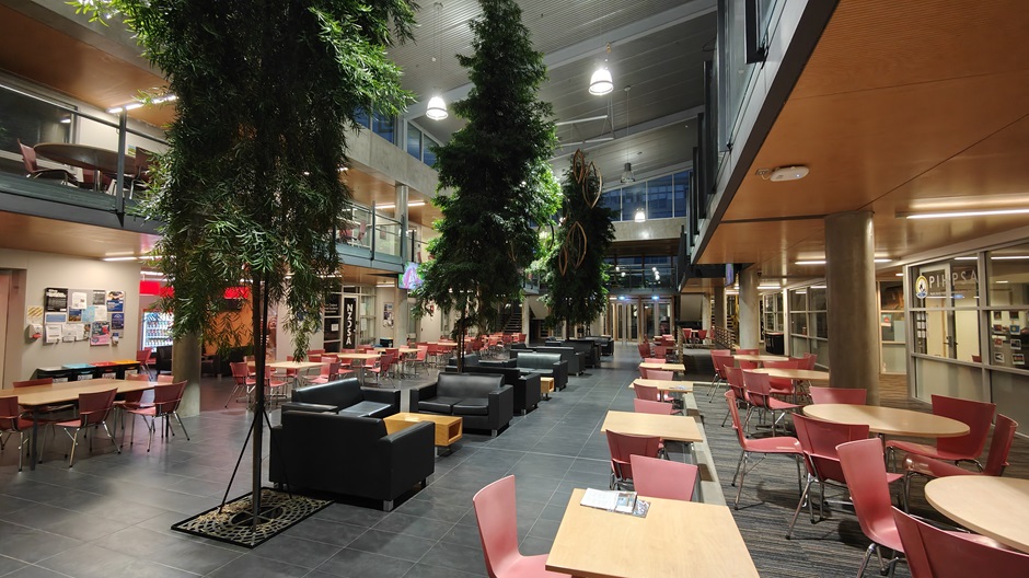 View of Hunter Centre atrium showing tables, chairs and sofas
