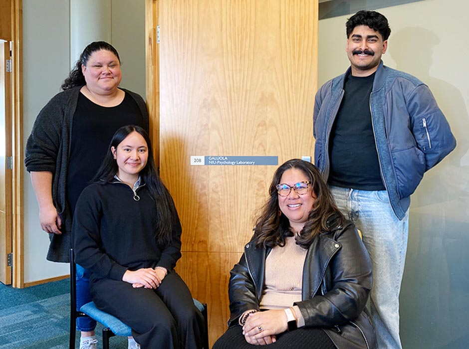 At the entrance to the Galuola NIU-Psychology lab opened by Psychology Professor Siautu Alefaio-Tugia (front right), from left, Petra Satele (PhD candidate), Philomena Talalima (postgraduate student), Siautu, and Ravi Prasad (honours student).