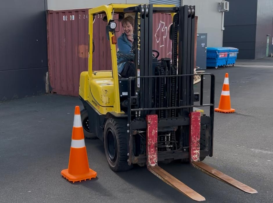 Bente Marit Captijn, pictured here learning to drive a forklift, embraced many opportunities during her time at Otago, both within the University community and beyond.