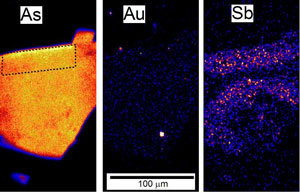 PIXE images (by B Petrie, and C Ryan) of an arsenopyrite grain