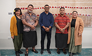 The Otago Business School’s Pacific support staff with Naca Cawanibuka in front of a Samoan fine mat thumbnail