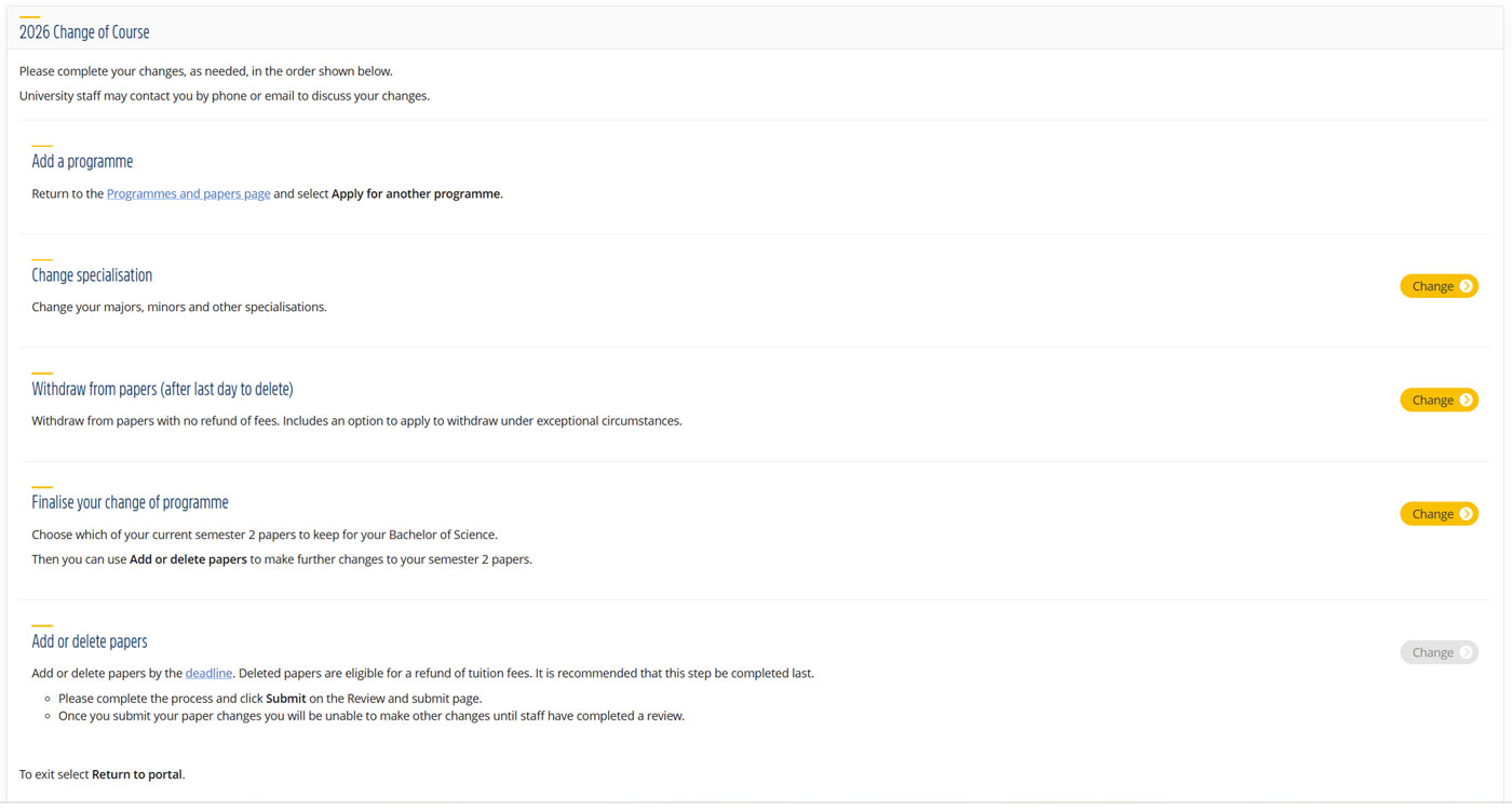 Change of course screen in eVision, listing options 'Add a programme', 'Change specialisation', 'Withdraw from papers', 'Finalise your change of programme' and 'Add or delete papers'. 