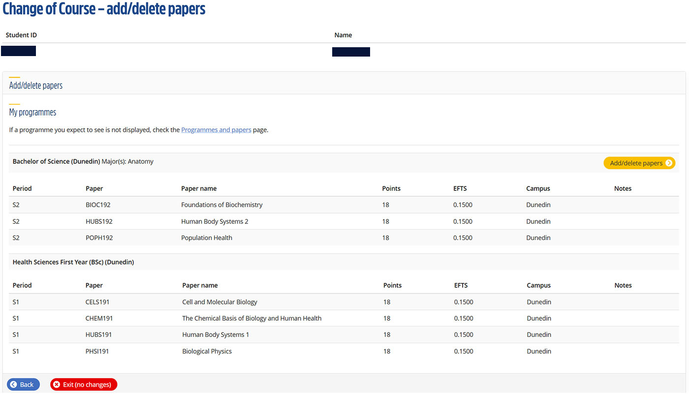 Change of course add/delete papers screen in eVision, with My Programmes listing papers for each semester with an Add/delete papers button to the right.