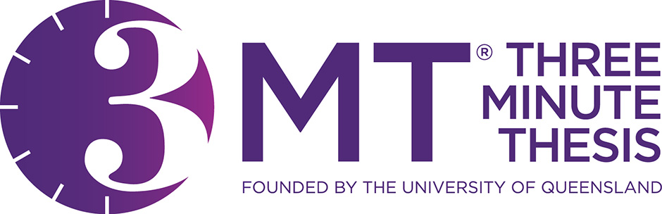 Three Minute Thesis logo, depicting '3' followed by capitals 'M' and 'T'. Bottom text is: 'Founded by the University of Queensland'.