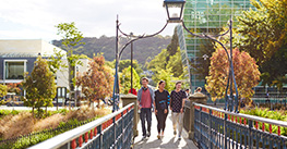 Three University of Otago students crossing the St David Street footbridge on the Dunedin campus. Image.