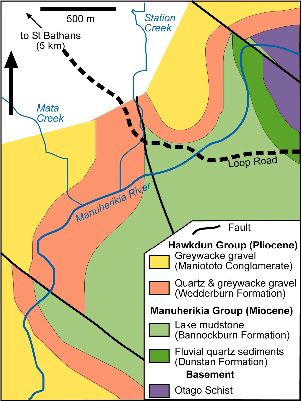 Geological map of the Blue Lake Fault Zone cutting sediments downstream of the Fiddlers Flat gorge of the Manuherikia River.