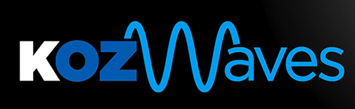 Banner image with black background and blue text KOZwaves