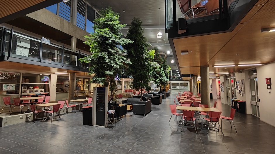 View of Hunter Centre atrium showing tables, chairs and sofas
