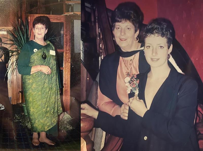 two photos montaged together, one of a woman standing, the other of two women sitting next to each other