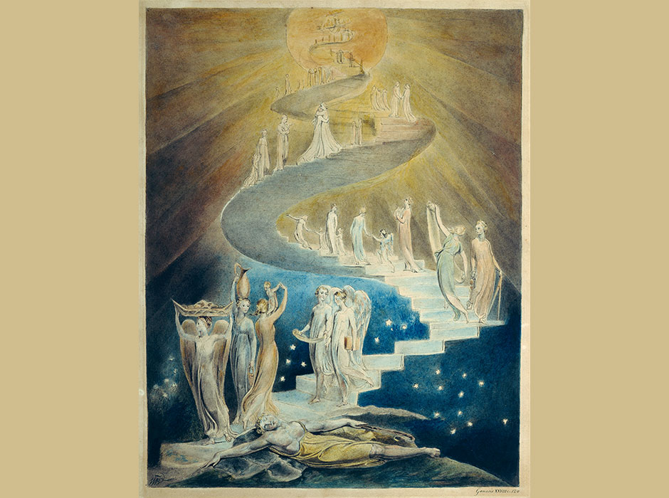 A painting of people on stairs
