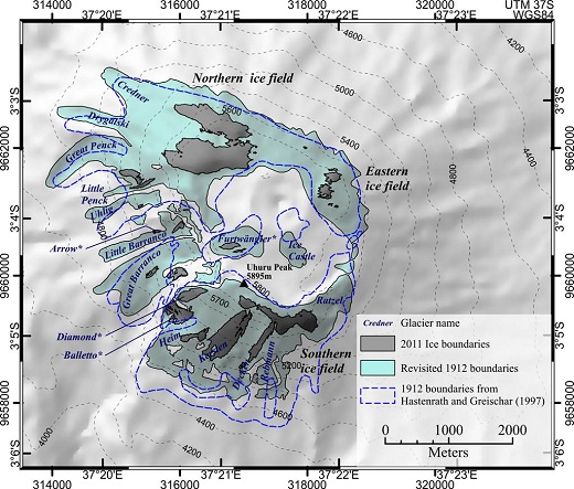 Glacier retreat on Kilimanjaro 1912-2011