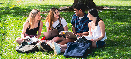 Four students sitting together on lawn image