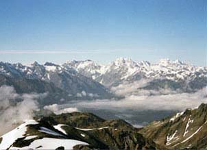 The gorges of the Whataroa valley, with the Main Divide in the background. Photo by Ross Cullen.