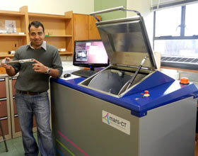 Centre for Bioengineering post-doctoral fellow Raj Panta with the MARS scanner and a sample of atherosclerotic plaque.