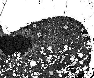 Electron backscatter image of a spinel xenocryst infiltrated by magma causing recrystallisation of clinopyroxene, spinel and glass