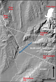 Blue Lake map. The Blue Lake Fault zone, which trends northwest-southeast, seperates Schist from greyacke. Blue Lake is on the north east side of the Fault 226px