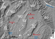 Topographic image of central Otago. The northeast margin of the schist belt is a set of faulted northwest trending greywacke and semischist ranges (Kakanui and Hawkdun Ranges). Central Otago is dominated by northeast trending ranges (Pisa, Dunstan, Raggedy, Rough Ridge, and Rock & Pillar Ranges) made up of folded schist. A structurally complex zone occurs where these different structures intersect.