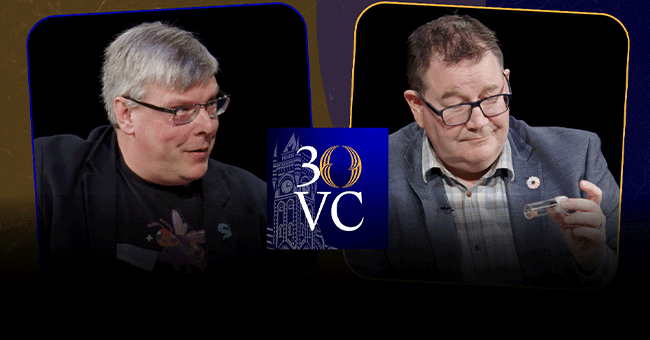 podcast thumbnail featuring two men, one holding a small container