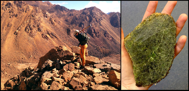 Left: Field work at Red Mountain (mantle section of ophiolite complex), Right: Cut lherzolite xenolith from Otago.