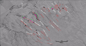 Oturehua Vein map. Veins have a northwest-southeast trend and range in length from ~10m to 750m at the scale of this map.