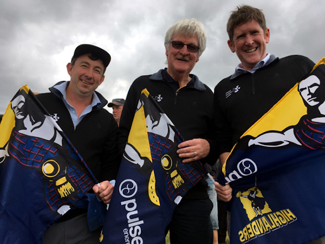 Disease Research Ltd (Simon Liggett, Frank Griffin and Rory O'Brien) supporting the Highlanders v Crusaders at Waimumu Field Days Rugby 2018.