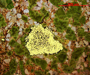 Pyrite in glauconitic siltstone from the Abbotsford Formation at Fairfield Quarry near Dunedin, photographed under transmitted and reflected light.