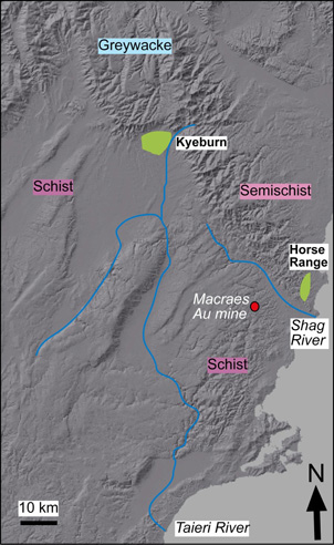 Locations of the middle Cretaceous Horse Range and Kyeburn Formations. The Horse Range is close to the mouth of the Shag River 60-70km Northeast of Dunedin. The Kyeburn formation is about 100km inland in a north-west direction.
