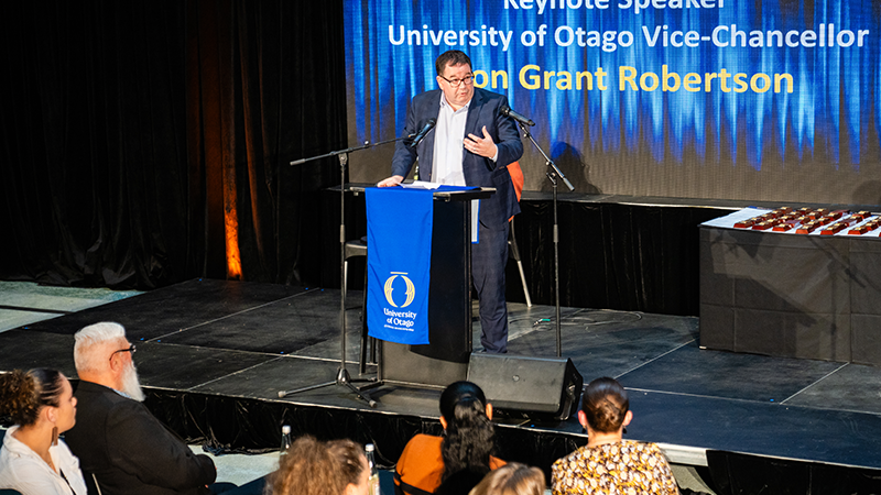 Vice-Chancellor Grant Robertson addresses the crowd at the Blues and Golds awards.