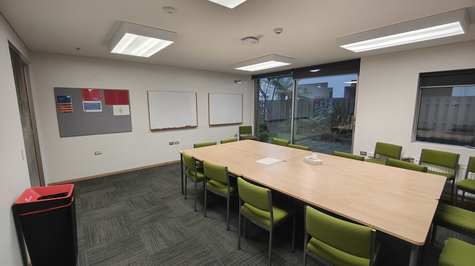 Setup of Hunter Centre rooms HUG102-3-5-6-8-9-11 showing chairs around a table