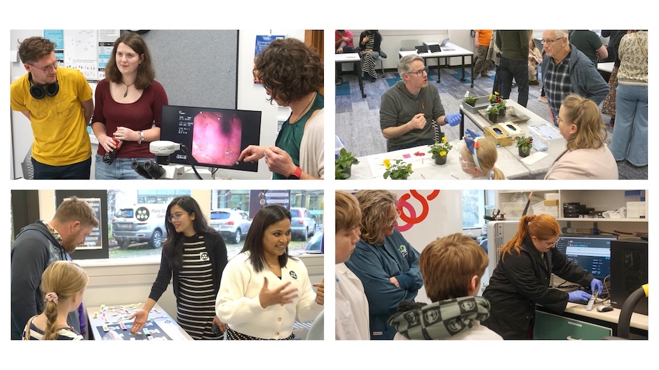 Composite image of photos of people standing or sitting inside at desks, explaining scientific displays set up in front of them to children and their caregivers.