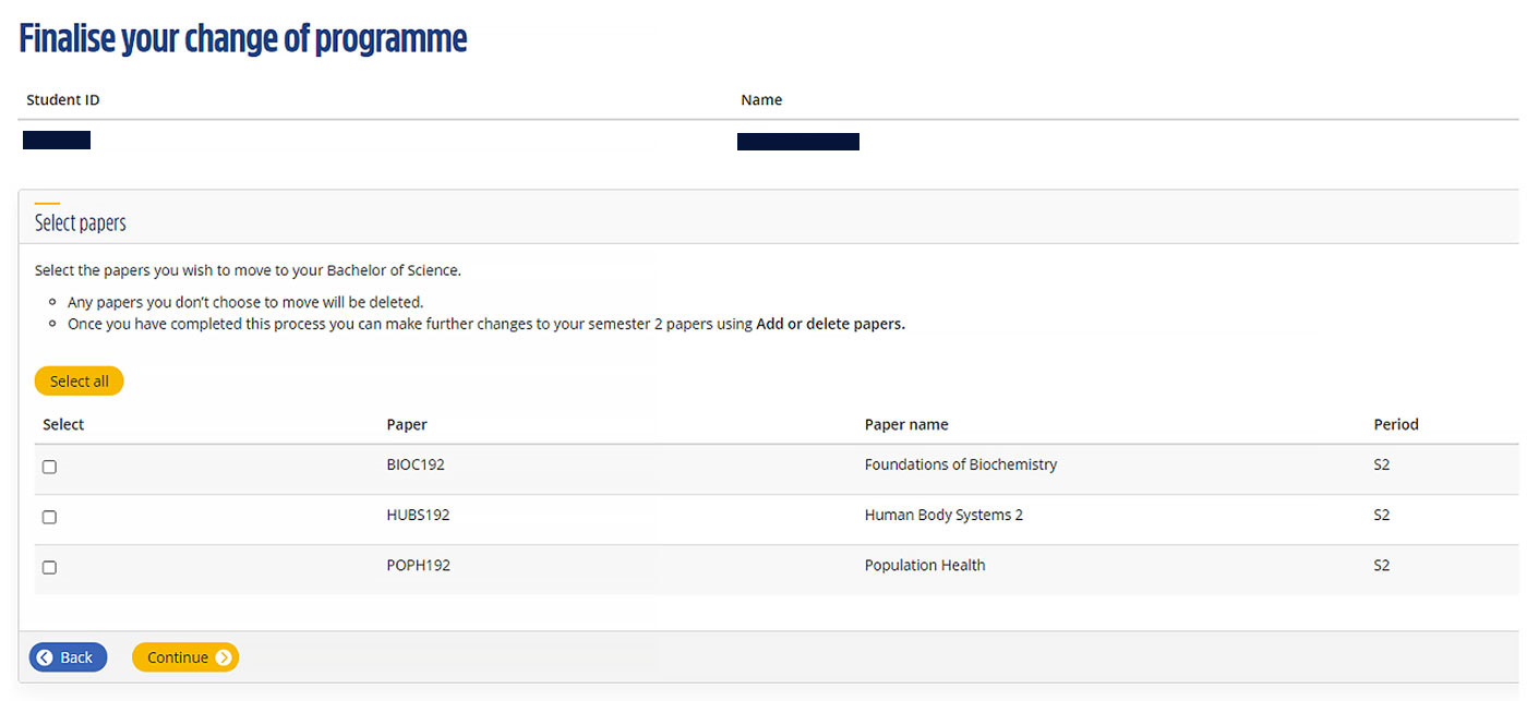 Finalise your change of programme screen, Select papers table with check boxes next to each paper listed.