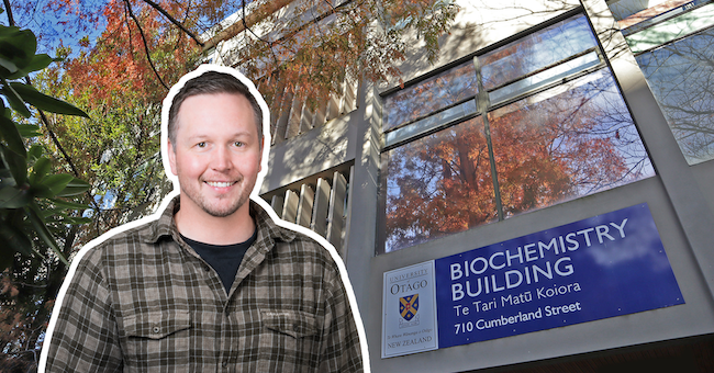 Headshot of Ross Eaglesfield superimposed on photo of the entrance of the Biochemistry building flanked by autumnal trees.