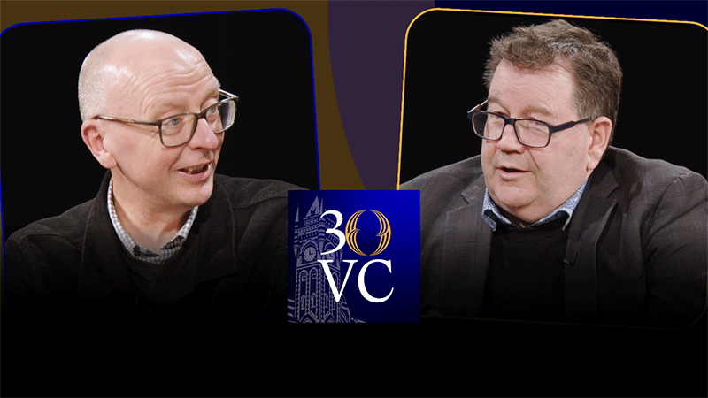 thumbnail image for podcast of two men talking, with logo in between