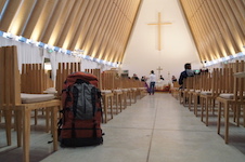 A backpack in the Transitional Cathedral in Christchurch