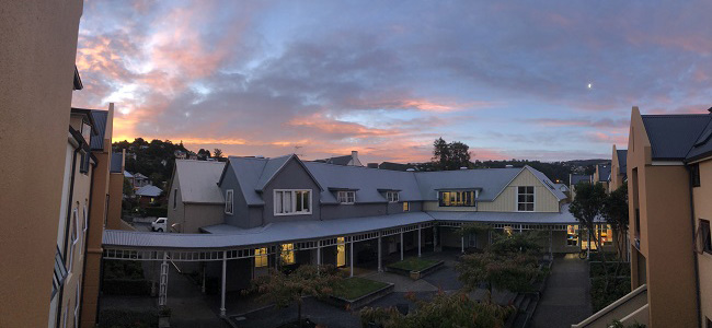 Caroline Freeman College Courtyard & main building at dusk 2019