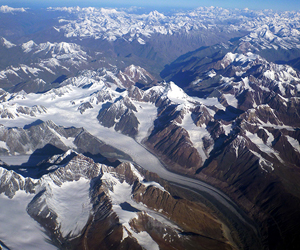 The glacial highway is in full view flying above the Himalayan peaks of northern India. 