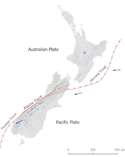 Tectonics setting of New Zealand image, showing the Alpine Fault and the Hikurangi Margin.