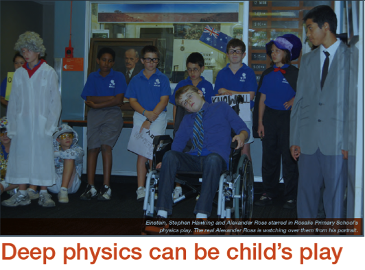 Children dressed as famous scientists above the text: Deep physics can be child's play.